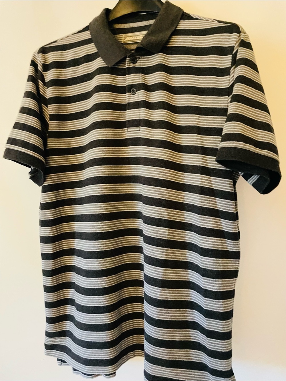 Eddie Bauer Black and Gray Horizontal Stripe Polo